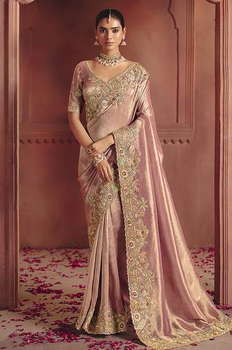 Pink silk blend embroidered saree