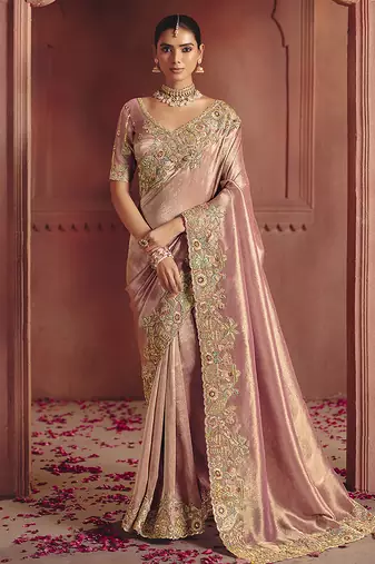 Pink silk blend embroidered saree