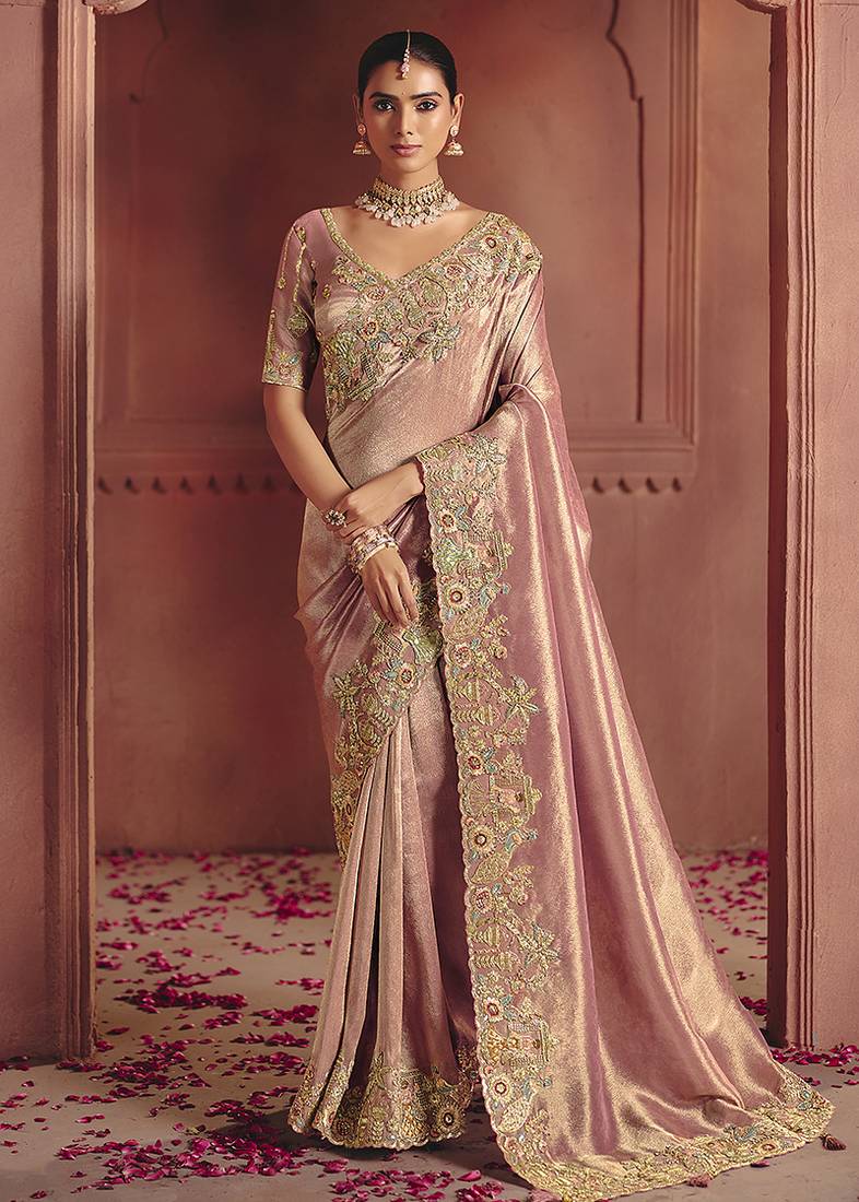 Pink silk blend embroidered saree