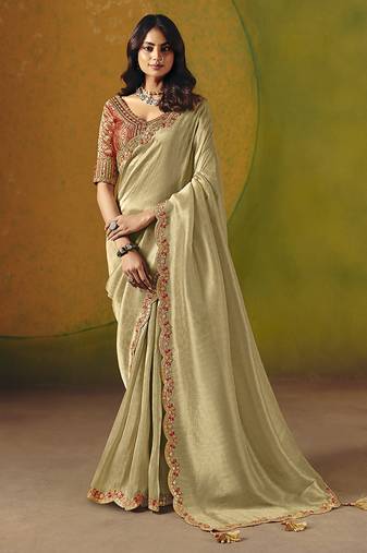 Beige embroidered silk blend saree
