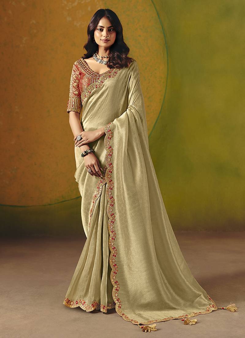 Beige embroidered silk blend saree