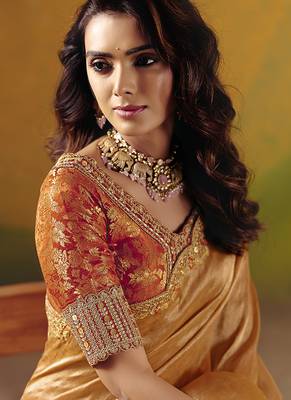 Peach Embroidered silk blend Saree With Stitched Blouse (Size-38) 2