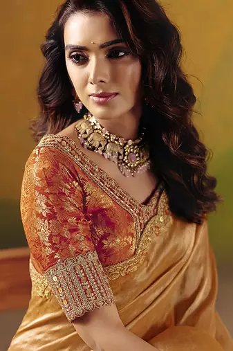 Peach Embroidered silk blend Saree With Stitched Blouse (Size-38)