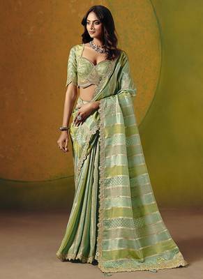Sea Green Embroidered Jacquard Saree With Stiched Blouse (Size-38) 1