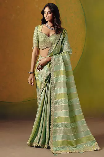 Sea green embroidered jacquard saree