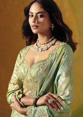 Sea Green Embroidered Jacquard Saree With Stiched Blouse (Size-38) 2