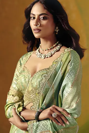 Sea Green Embroidered Jacquard Saree With Stiched Blouse (Size-38)