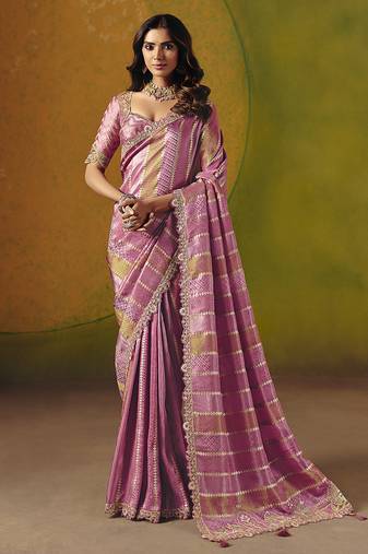 Onion pink embroidered jacquard saree