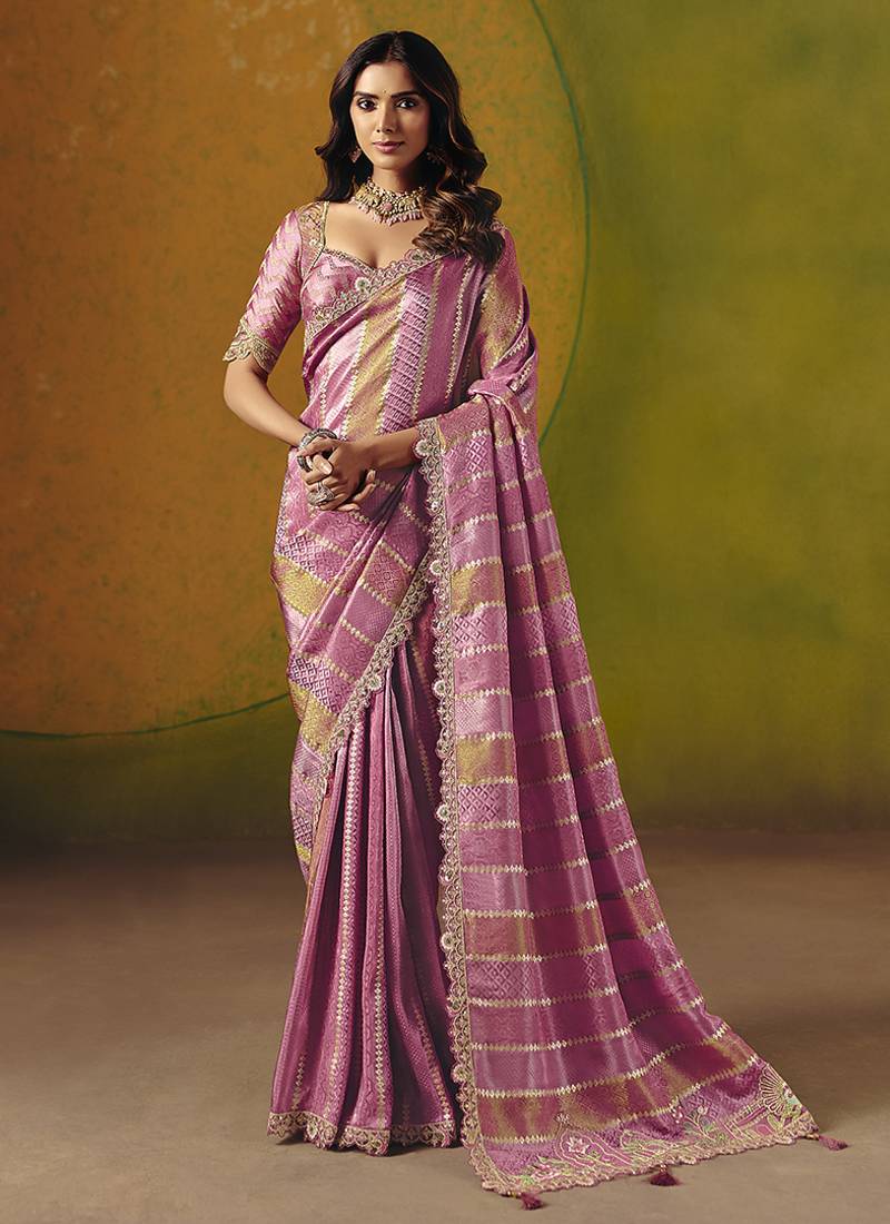 Onion pink embroidered jacquard saree
