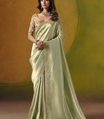 Pista green embroidered silk blend saree