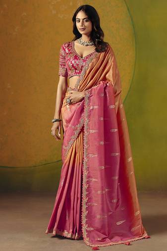 Rani pink & peach embroidered silk blend saree