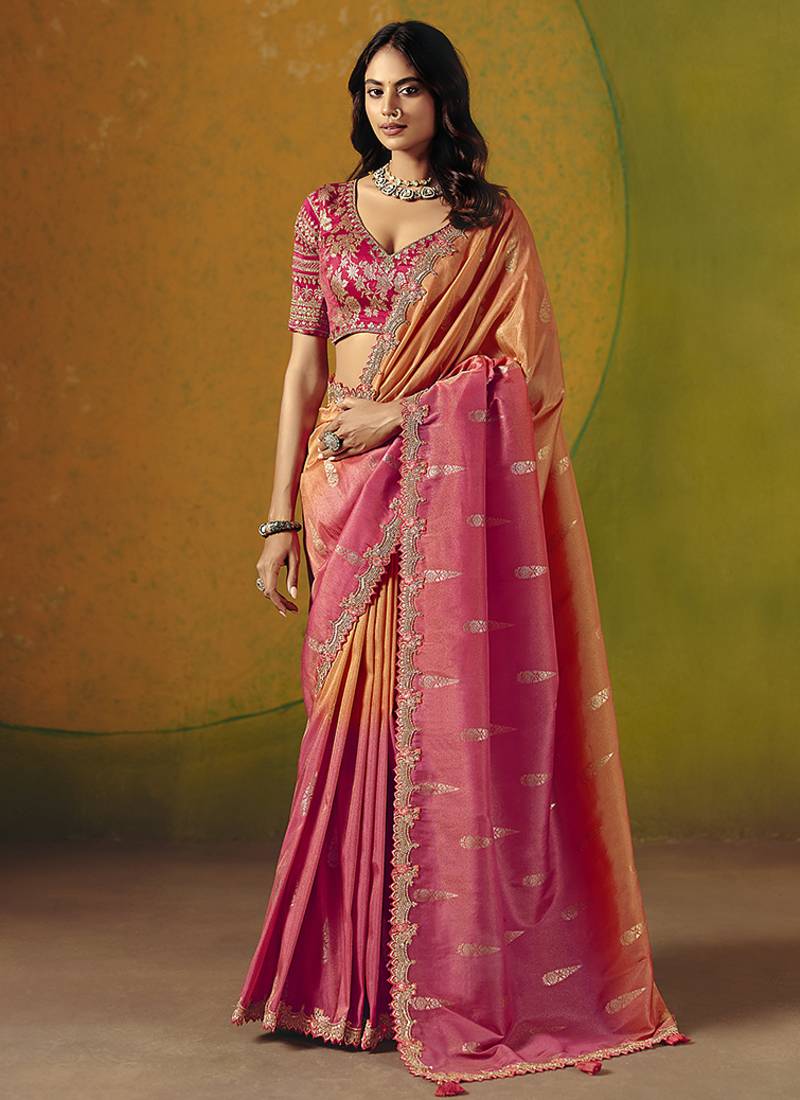Rani pink & peach embroidered silk blend saree