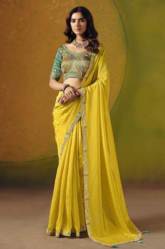 Yellow embroidered silk blend saree