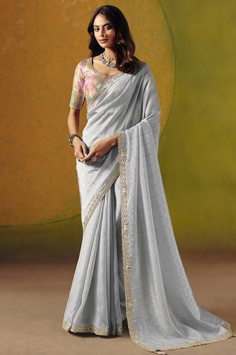 Light grey embroidered silk blend saree