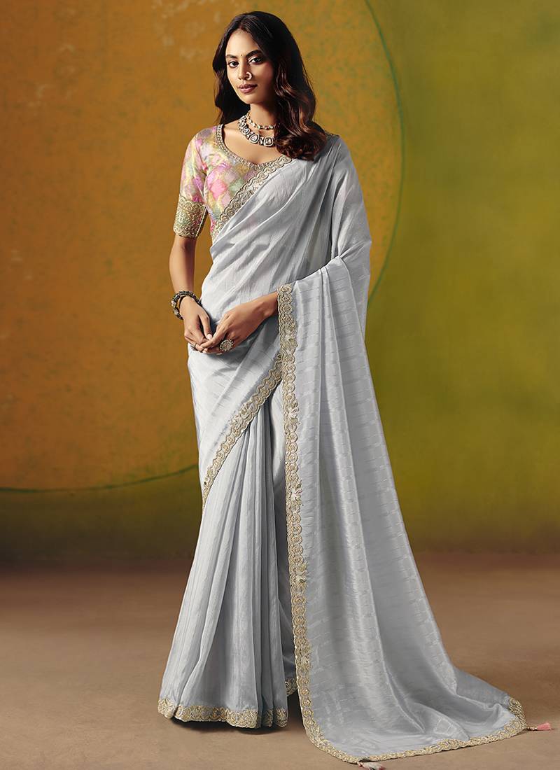 Light grey embroidered silk blend saree