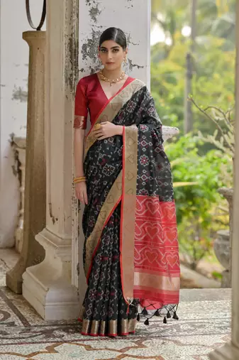 Black soft silk pochampally ikkat weaving saree with contrast blouse piece