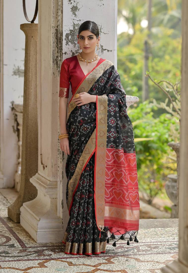 Black soft silk pochampally ikkat weaving saree with contrast blouse piece