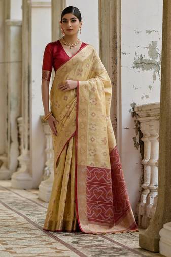 Beige soft silk pochampally ikkat weaving saree with contrast blouse piece