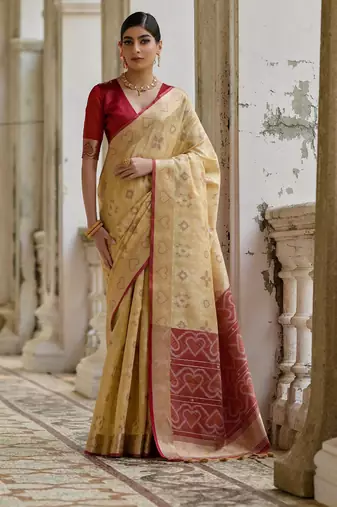 Beige soft silk pochampally ikkat weaving saree with contrast blouse piece