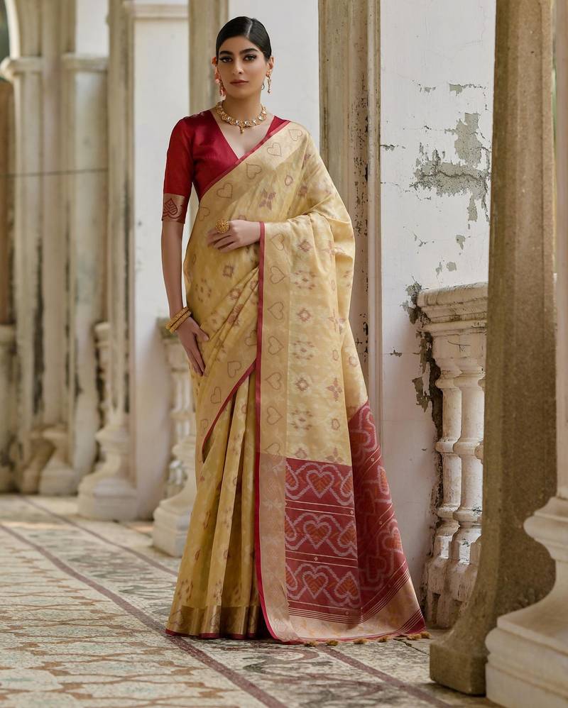 Beige soft silk pochampally ikkat weaving saree with contrast blouse piece