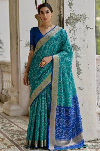 Blue soft silk pochampally ikkat weaving saree with contrast blouse piece