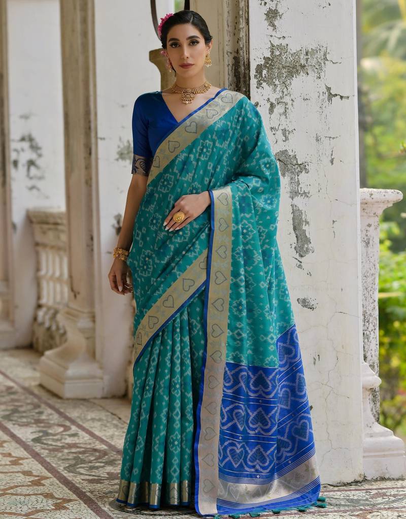 Blue soft silk pochampally ikkat weaving saree with contrast blouse piece