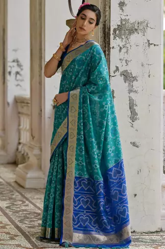 blue soft silk pochampally ikat saree