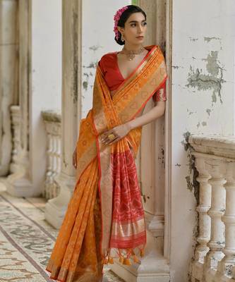orange soft silk pochampally ikat saree 1