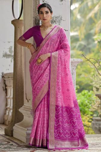 Pink soft silk pochampally ikkat weaving saree with contrast blouse piece