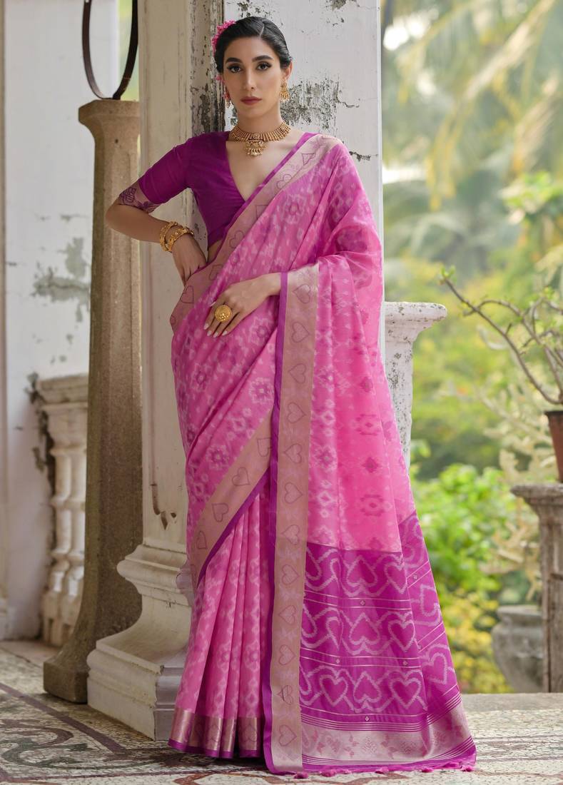 Pink soft silk pochampally ikkat weaving saree with contrast blouse piece