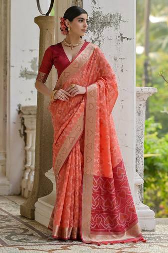 Peach soft silk pochampally ikkat weaving saree with contrast blouse piece