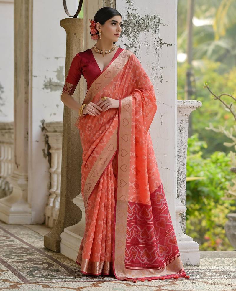 Peach soft silk pochampally ikkat weaving saree with contrast blouse piece