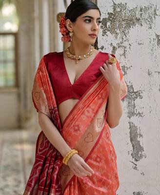 peach soft silk pochampally ikat saree 4