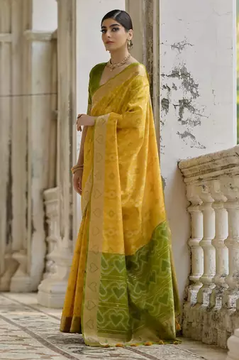 yellow soft silk pochampally ikat saree