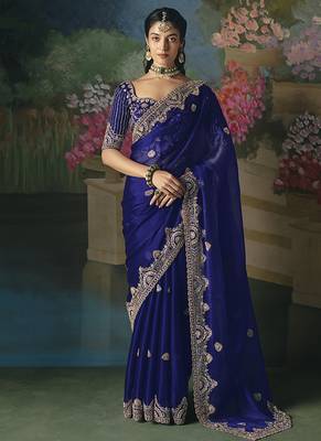 Fancy fabric embroidered saree in royal blue 1