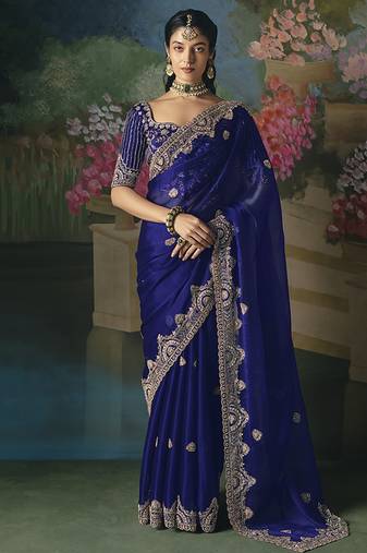 Fancy fabric embroidered saree in royal blue