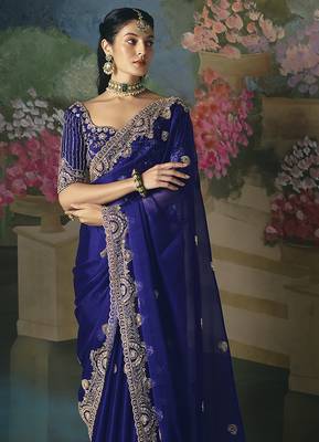 Fancy fabric embroidered saree in royal blue 2