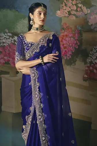 Fancy fabric embroidered saree in royal blue
