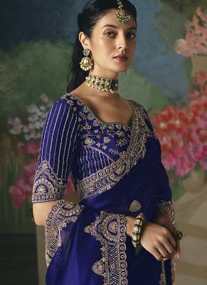 Fancy fabric embroidered saree in royal blue 3