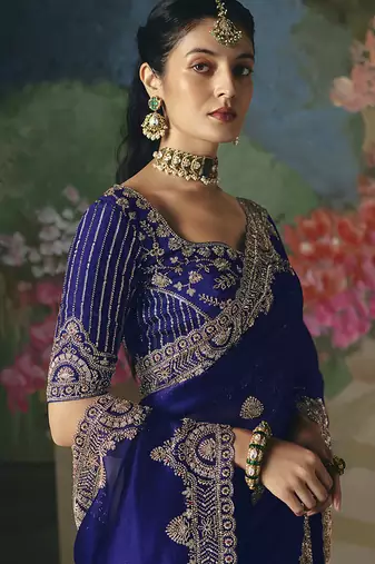 Fancy fabric embroidered saree in royal blue