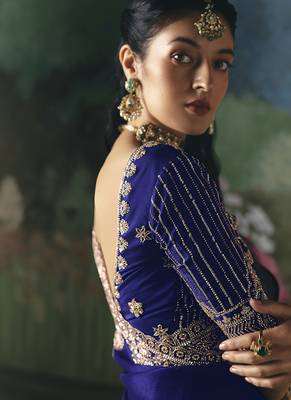 Fancy fabric embroidered saree in royal blue 4