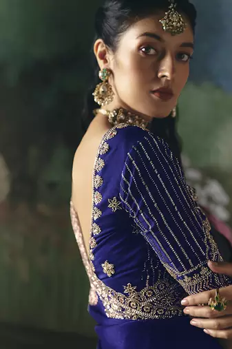 Fancy fabric embroidered saree in royal blue