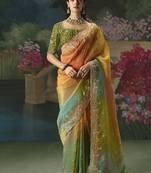 Fancy fabric embroidered saree in multicolor