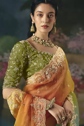 Fancy fabric embroidered saree in multicolor