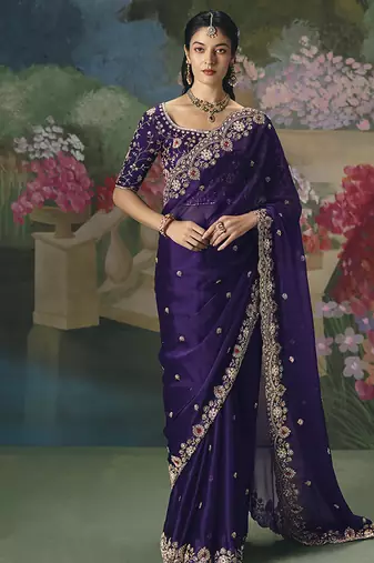Fancy fabric embroidered saree in purple