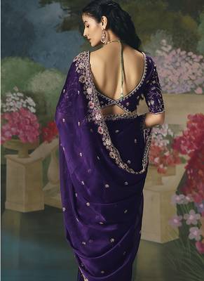 Fancy fabric embroidered saree in purple 3