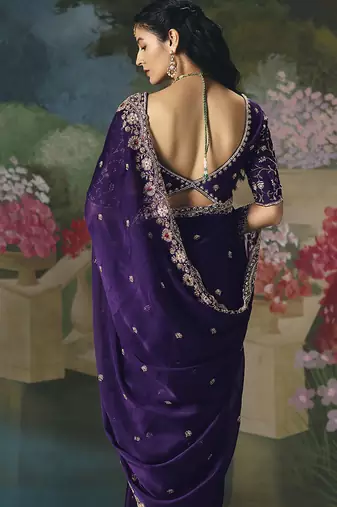 Fancy fabric embroidered saree in purple