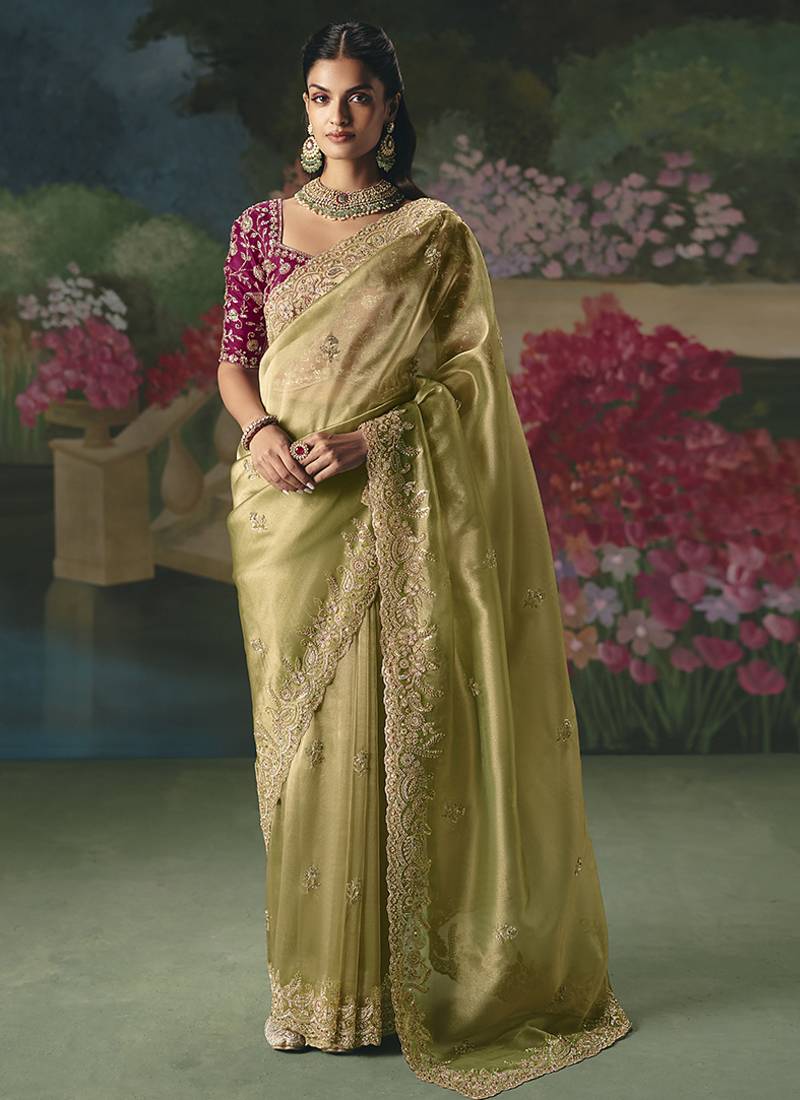 Fancy fabric embroidered saree in pista green