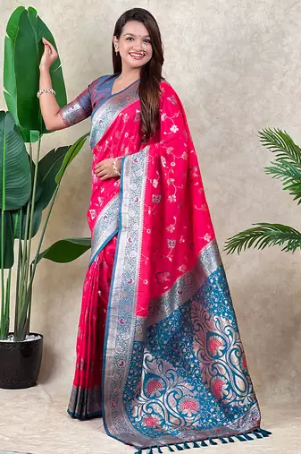 Pink banarasi silk zari woven saree with contrast blouse piece