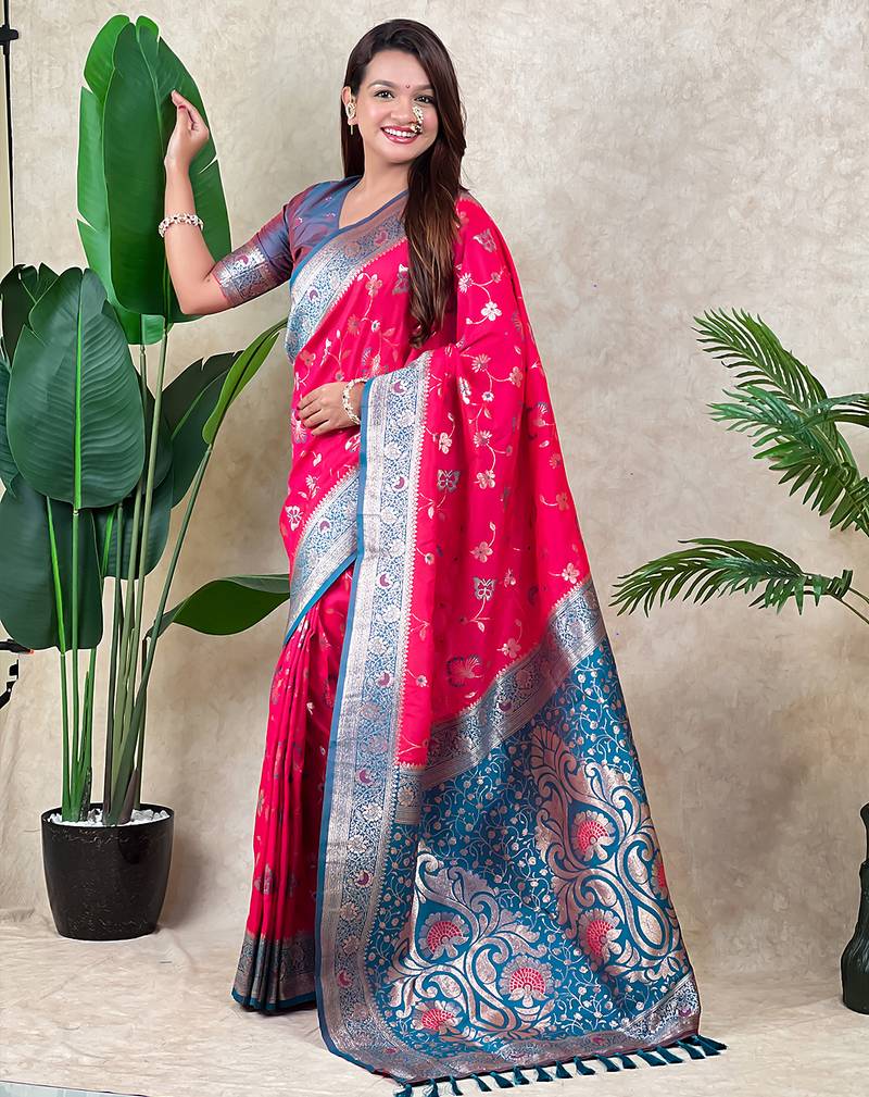 Pink banarasi silk zari woven saree with contrast blouse piece